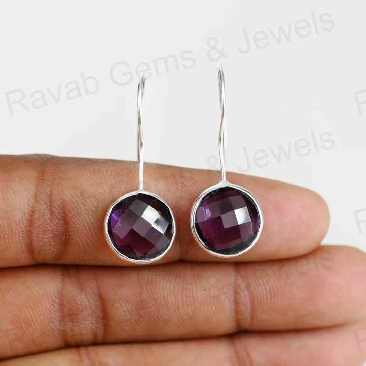 Top Quality Solid 925 Sterling Silver Amethyst Quartz 10mm Round Checker Cut Dangle Drop Earring for Women Fine Handmade Jewelry