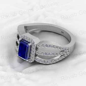 Best Selling 18K Gold Plated 7x5mm 925 Silver Sapphire Hydro Rectangle Diamond Halo CZ Ring for Women for Weddings Fine Jewelry