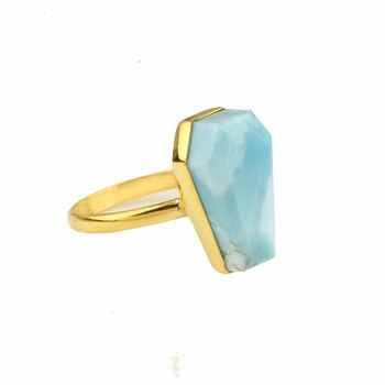 Beautiful High Polish Gold Plated Silver Coffin Shape Ring 10x17mm Natural Dominican Sky Blue Larimar Gemstone Jewelry for Women