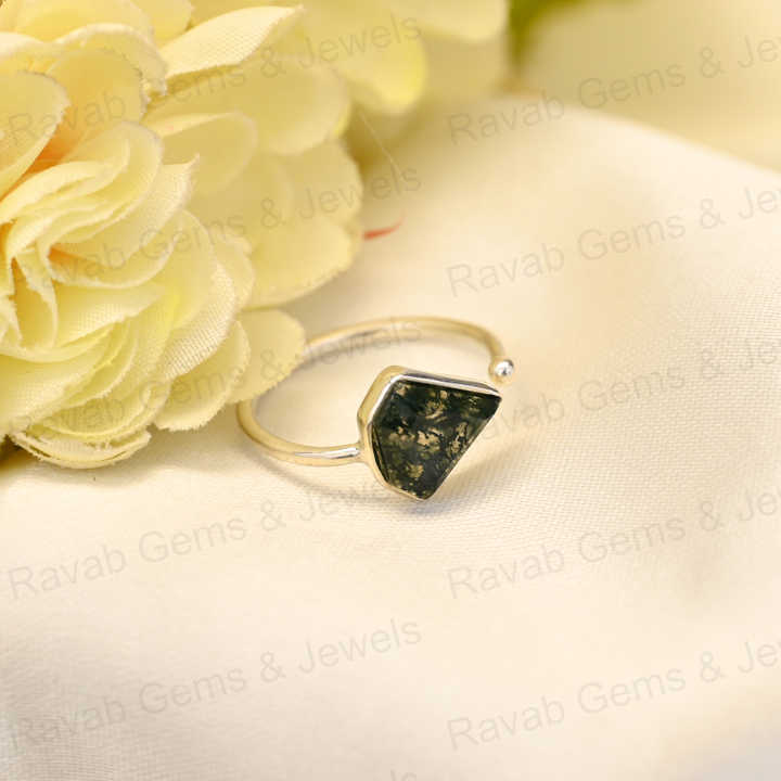 Superb Quality Natural Green Moss Agate Ring Sterling 925 Silver 10x10mm Faceted Bezel Setting Adjustable Ring for Fine Women