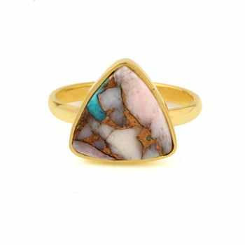 Solid 925 Sterling Silver Women's Fine Ring 18K Gold Filled Pink Opal Copper Turquoise 12mm Trillion Bezel Setting Elegant