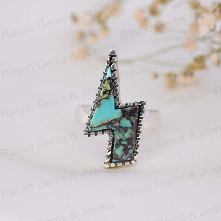 Top Selling Vintage 23x13mm Natural Mohave Turquoise High Polished 925 Silver Bezel Flash Bolt Women Ring Navajo Fine Jewelry