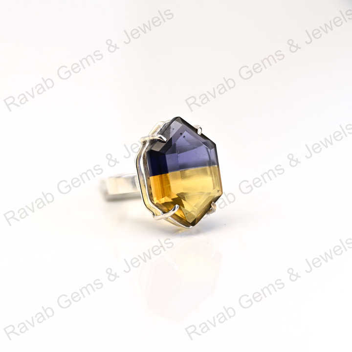 New Arrival Solid 925 Sterling Silver Ametrine Quartz Bio Color Hexagon Prong Setting Ring for Women Fine Handmade Jewelry