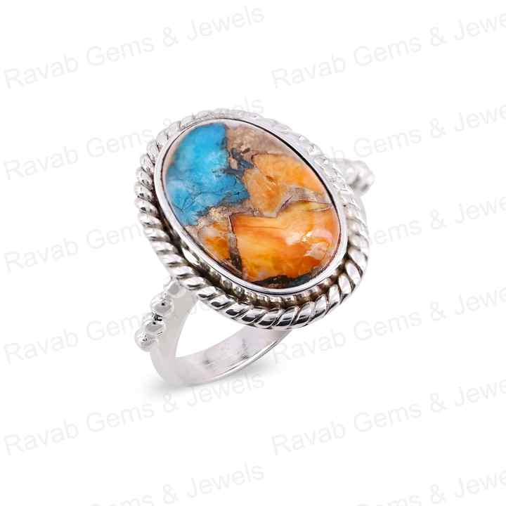 Best Selling 10x14mm Spiny Oyster Copper Turquoise Gemstone Bezel Real Sterling Silver Handmade Boho Dainty Oval Ring for Women