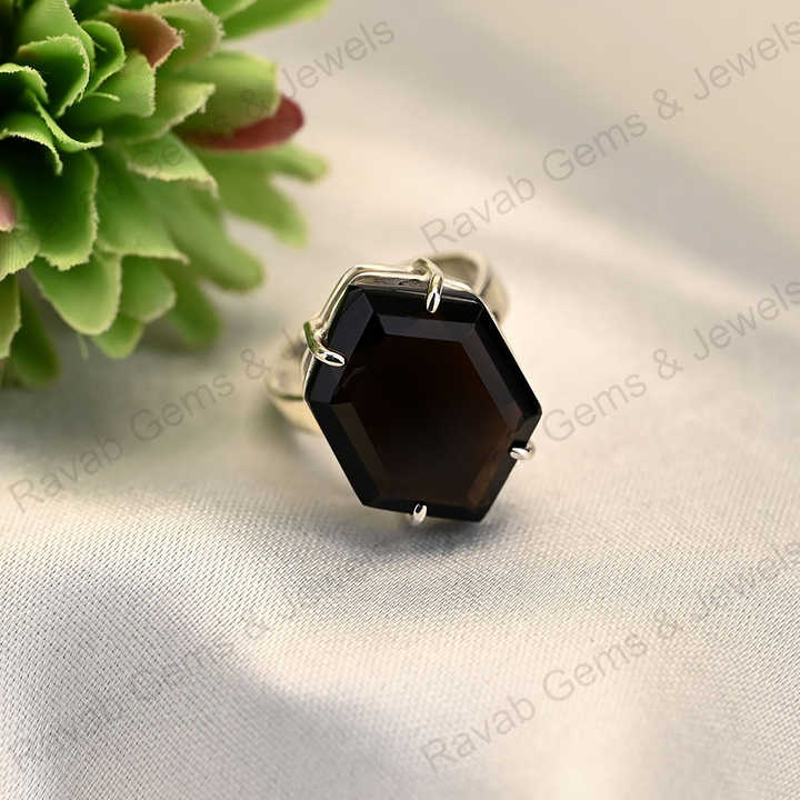Hot Selling Solid 925 Sterling Silver Natural Black Onyx Hexagon Shape Prong Ring for Women Fine Handmade Gifted Jewelry