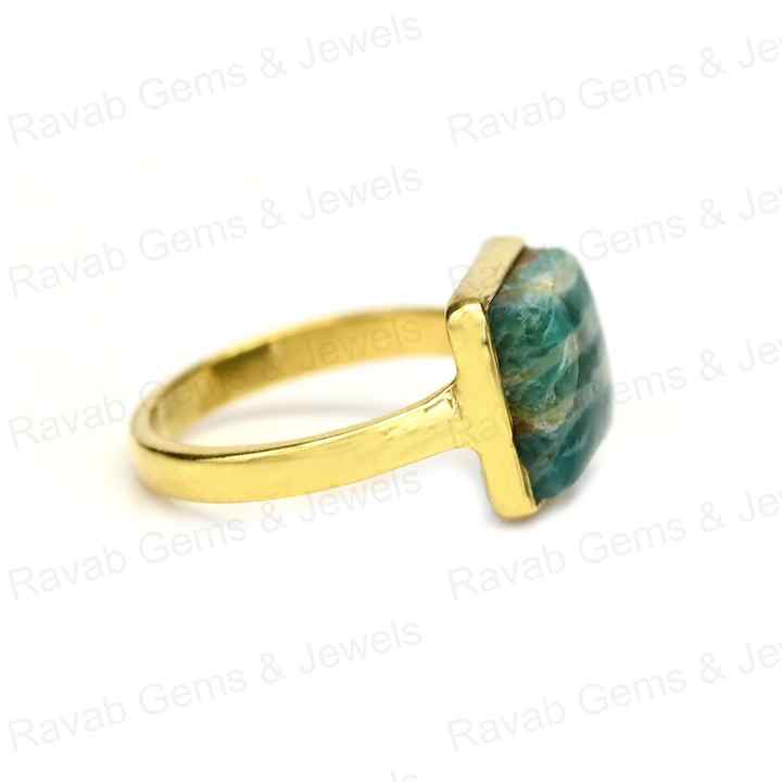 High Quality Solid 925 Sterling Silver Women's Ring Natural Amazonite 14mm Bezel Setting 18K Gold Filled Smooth Square Rhodium