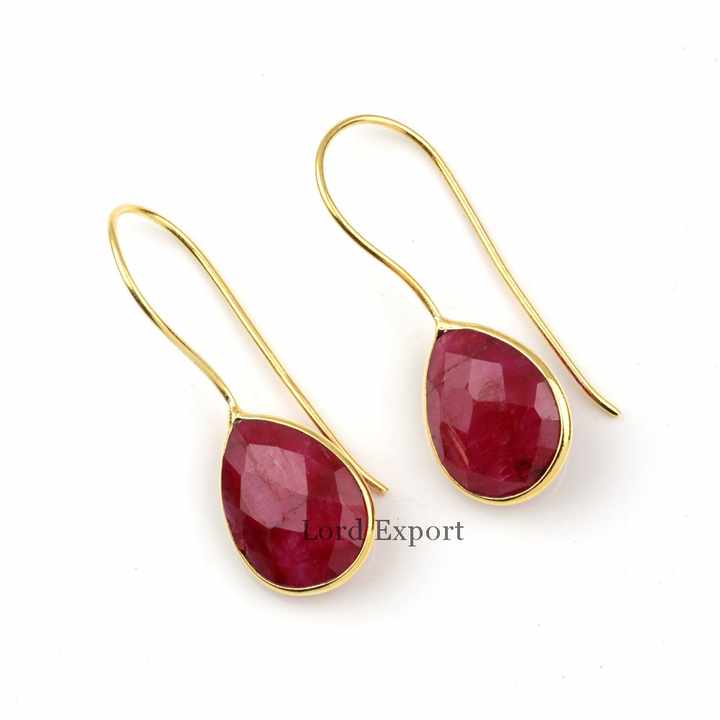 Handmade 925 Sterling Silver Dangle Earrings Latest Hot Selling 18K Gold Plated Gemstone Ruby for Women