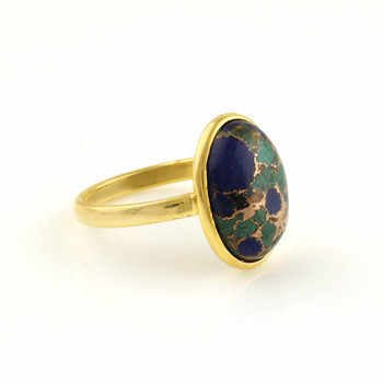Beautiful Design 10x14mm Natural Azurite Copper Gemstone Bezel Handmade 18K Gold Plated Sterling Silver Oval Ring for Women