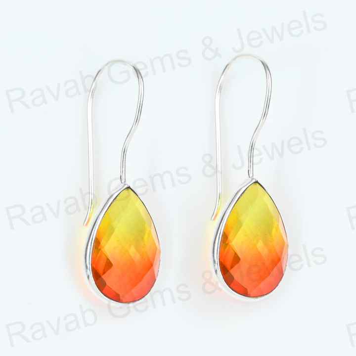 Best Quality Solid 925 Sterling Silver Watermelon Tourmaline Quartz Pear Checker Cut Dangle Drop Earring for Women Fine Jewelry