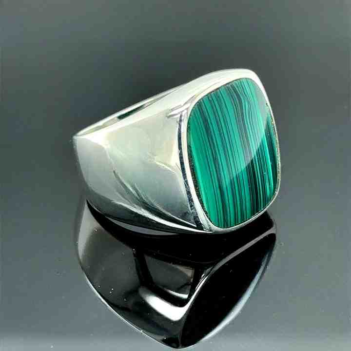925 Sterling Silver Natural Malachite Cushion Shape 10x15mm Flat Bezel Setting Classical Men's Signet Ring Handmade Jewelry