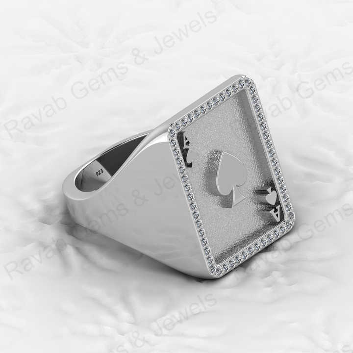 Top Selling Men's 925 Silver Accented Playing Card Gambler Ace Black Spade Signet Embossed Ring Zircon Diamond Motorhead Jewelry