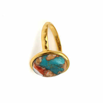 New Arrival Solid 925 Sterling Silver 18k Gold Plated Natural Spiny Oyster Copper Turquoise Oval Bezel Setting Ring for Women