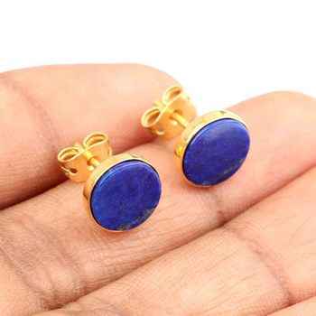 High Quality Handmade 925 Sterling Silver 18K Gold Plated Natural Lapis Lazuli 12mm Smooth Dangle Earrings Women Fine Stud Ring