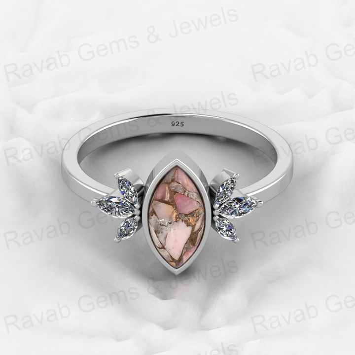 Top Selling Marquise Designer Ring Genuine 925 Silver Pink Copper Turquoise Gemstone Bezel Setting Fine Jewelry Trusted