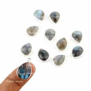 Top Selling Genuine Blue Flashy Labradorite 12x16mm Tear Drop Pear Silver Bezel Charms Connector Pendant for Necklace & Bracelet