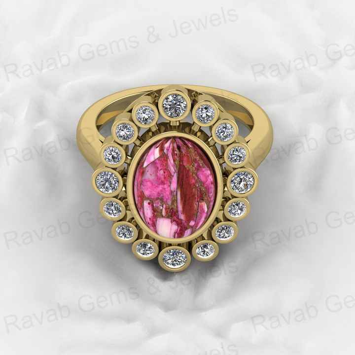 Top Selling 925 Silver 9x12mm Pink Kingman Dahlia Spiny Oyster Oval Shape Gemstone With CZ Solitaire Cocktail Ring for Women