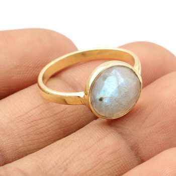 Unisex 18K Gold Plated High Quality 925 Solid Sterling Silver 12mm Labradorite Checker Cut Bezel Setting Ring Fine Jewelry