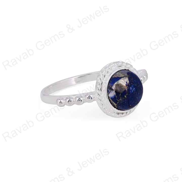 Natural Lapis Lazuli 10mm Round Cabochon Gemstone Solid 925 Sterling Silver Beaded Bezel Setting Ring Handmade Fine Jewelry