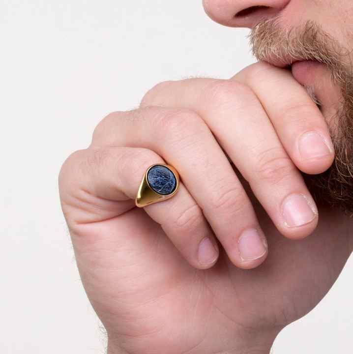 Genuine 925 Startling Silver Natural Sodalite Oval Cabochon 10x12mm Gemstone Mens Signet 18k Gold Plated Gifted Handmade Ring