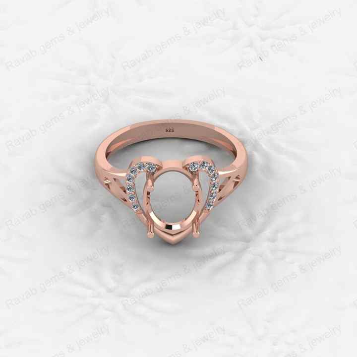 Solid 925 Sterling Silver Oval 8x10mm Semi Mount Blank Setting Heart Ring for Gemstone Ashes & Resin Findings & Wedding Jewelry