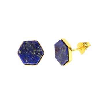 Top Selling 10mm Smooth Hexagon Ring Women's Handmade 925 Sterling Silver 18K Gold Plated Lapis Lazuli Fine Stud Earrings