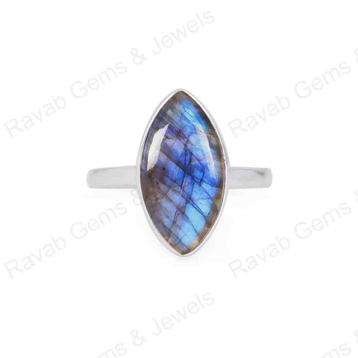 Top Quality Solid 925 Sterling Silver Natural Labradorite Marquise Shape 7x14mm Gemstone Bezel Setting Simple Band Fine Ring