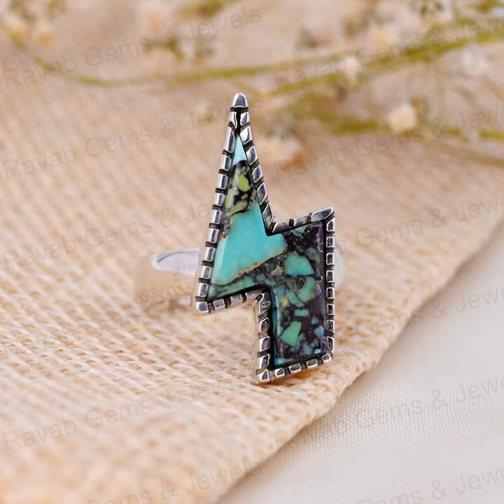 Top Selling Vintage 23x13mm Natural Mohave Turquoise High Polished 925 Silver Bezel Flash Bolt Women Ring Navajo Fine Jewelry