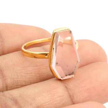 18K Gold Plated Sterling Silver Handmade Ring for Women 10x17mm Pink Morganite Hydro Quartz Gemstone Bezel Waterproof Jewelry