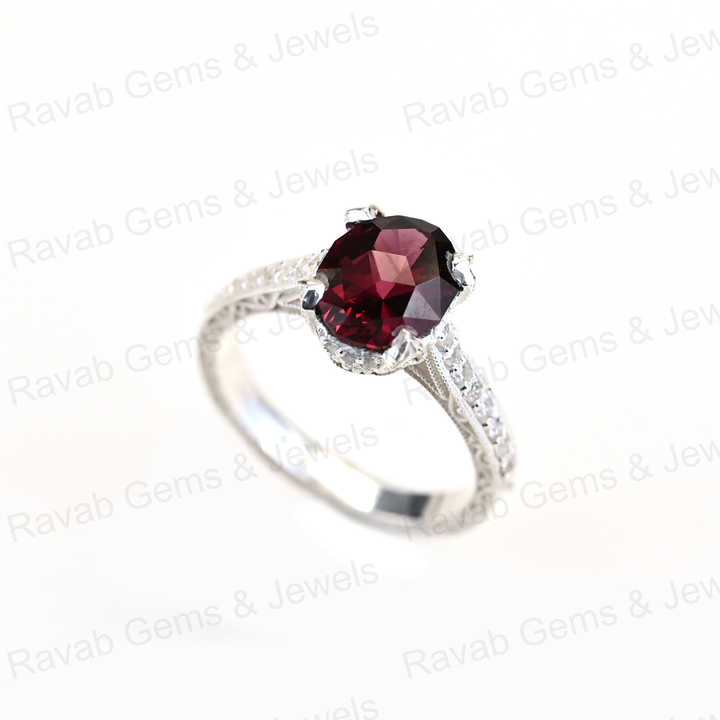 New Arrival Solid 925 Sterling Silver 8x10mm Rhodonite Garnet Brilliant Cut Double Prong Setting Ring for Women Fine Jewelry