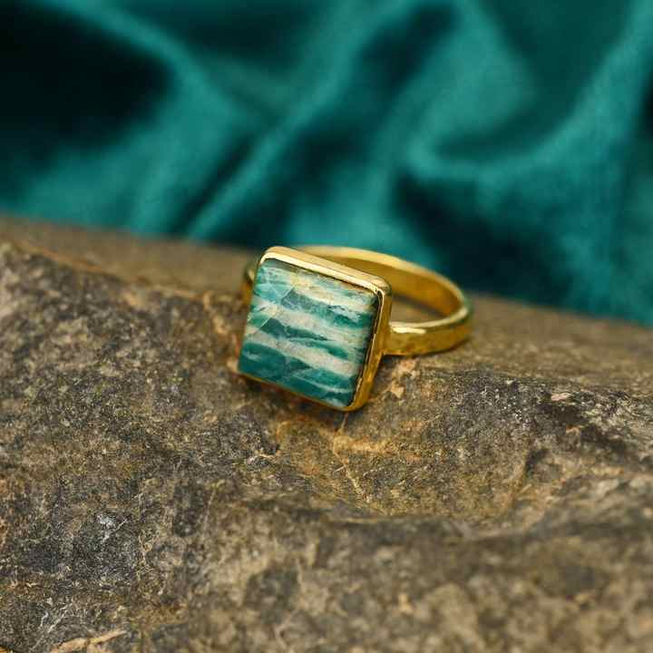 High Quality Solid 925 Sterling Silver Women's Ring Natural Amazonite 14mm Bezel Setting 18K Gold Filled Smooth Square Rhodium