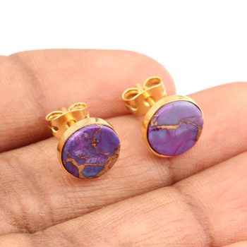 Best Selling 10mm Mohave Purple Copper Turquoise Gemstone Bezel 18K Gold Plated Dainty Sterling Silver Fine Stud Earrings Women
