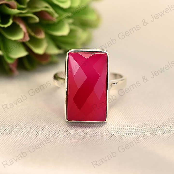 Best Quality Solid 925 Sterling Silver Pink Fuchsia Chalcedony Checker Cut Rectangle Shape Ring for Women Fine Handmade Jewelry