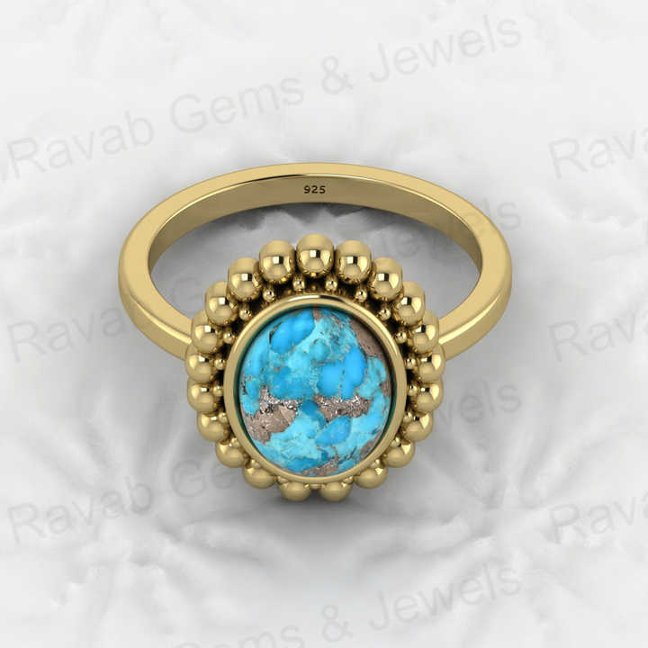 Best Selling 925 Silver Vermeil Eternity Band Natural 8x10mm Pyrite Turquoise Gemstone Bezel Oval Beaded Boho Ring Women Jewelry