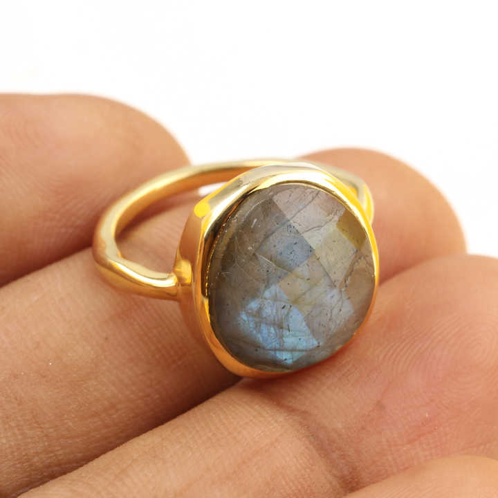 Top Selling Genuine 925 Silver Gold Vermeil Eternity Band 12x13mm Natural Blue Fire Labradorite Stone Fine Jewelry Women's Ring