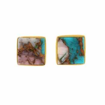 Top Selling Mohave Pink Opal Copper Turquoise Gemstone Jewelry High Polished Gold Plated Sterling Silver Stud Earrings for Girls