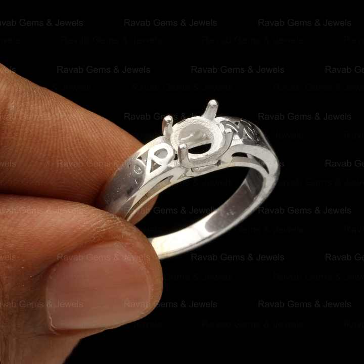 925 Sterling Solid Silver 6mm Round Pattern Pre Notched Semi Mount Blank Prong Setting Ring for Keepsake DIY Jewelry Supplies
