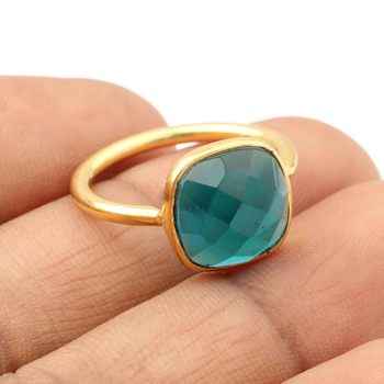 Best Quality 925 Sterling Silver 18k Gold Plated Green Teal Sapphire Hydro Cushion Checker 12mm Ring for Women Handmade Jewelry