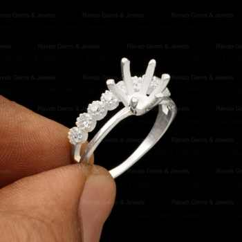 Solid 925 Silver 6mm Round Pre Notched With Zircon Half Eternity Semi Mount Blank Prong Set Ring for Keepsake Breastmilk Jewelry