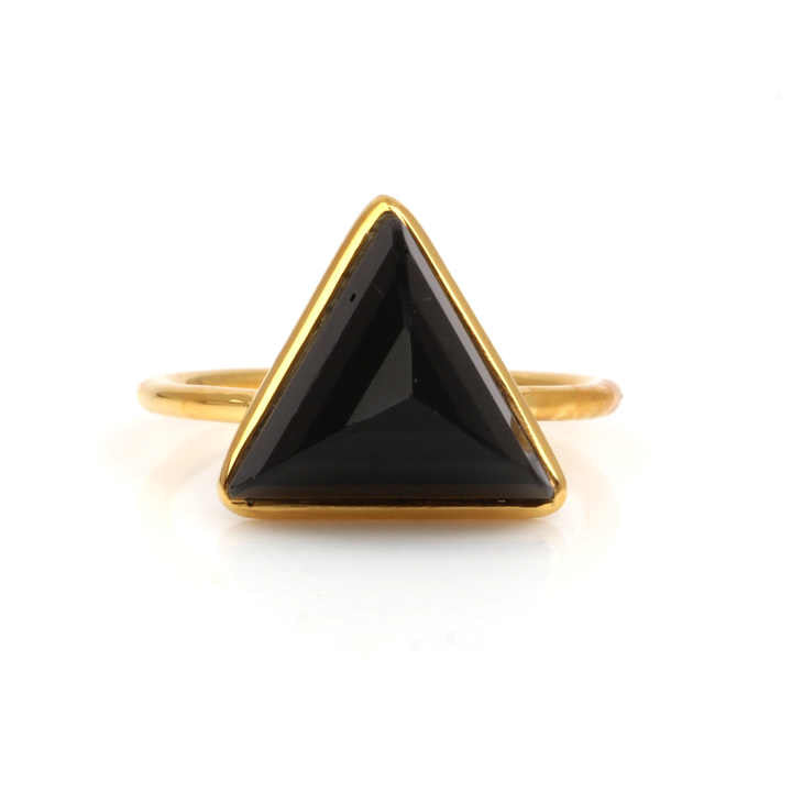 Hot Selling 12mm Natural Black Onyx Gemstone Bezel Sterling Silver 18k Gold Plated Triangle Pyramid Cut Ring for Women Jewelry