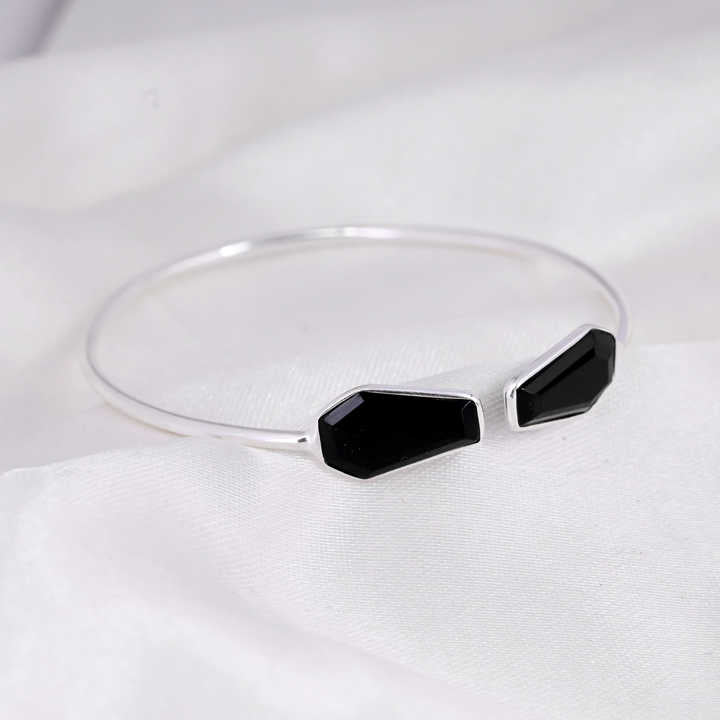 Top Selling Genuine Solid 925 Silver Black Onyx Coffin Shape Bezel Setting Minimalist Statement Adjustable Cuff Bangle For Women