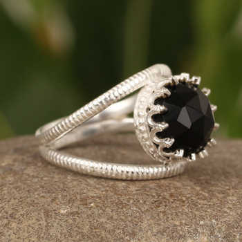 Genuine Black Onyx Rose Cut Double Band Claw Setting Solid 925 Sterling Silver Women Party Wear Cocktail Ring Handmade Jewelry