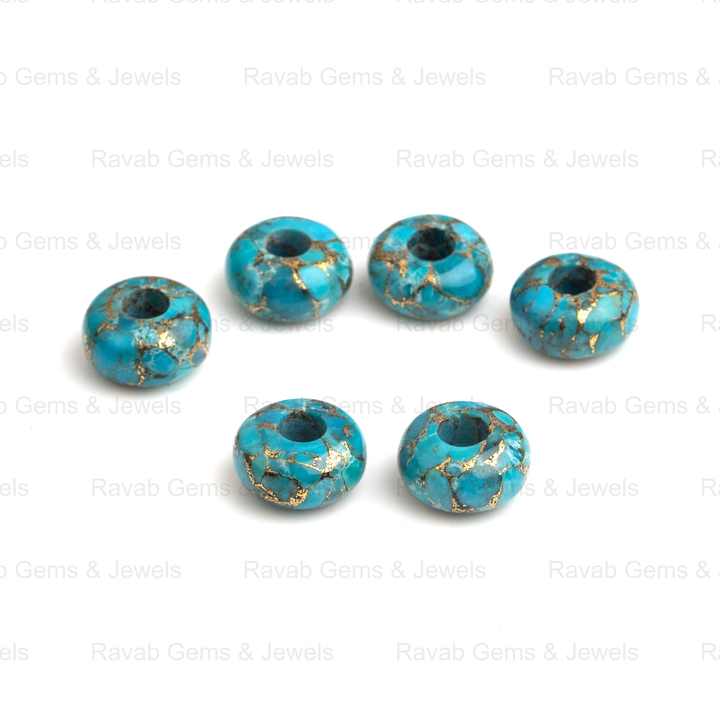 14x8mm Natural Polished Blue Copper Turquoise Rondelle Shape Smooth Big Hole Size Calibrated Gemstone Beads for Making Jewelry