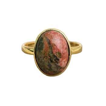 Beautiful Handmade Gold Plated 925 Silver 10x14mm Unakite Gemstone Cabochon Oval Shape Bohemian Bezel Ring Fine Jewelry For Her