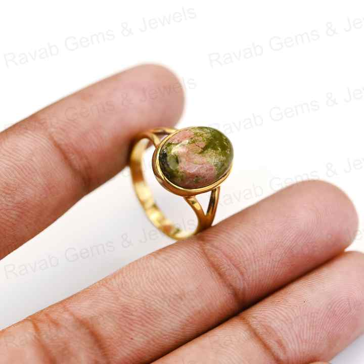 New Arrival 10x14mm Oval Shaped 925 Silver Women's Fine Ring Natural Unakite Gold Vermeil Eternity Split Band with Bezel Setting