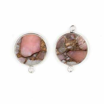925 Sterling Silver Fine Pendants Charms 12mm Coin Pink Opal Copper Composite Gemstone Bezel Connector Pendant Necklace Gold