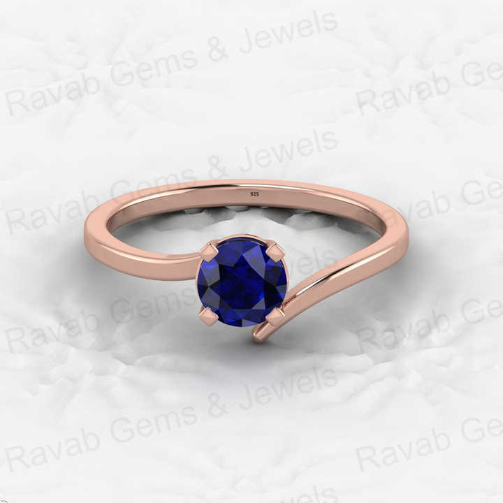 Top Quality 925 Sterling Silver 5mm Round Cut Blue Sapphire Hydro Vermeil Eternity Prong Setting Solitaire Bypass Ring for Women