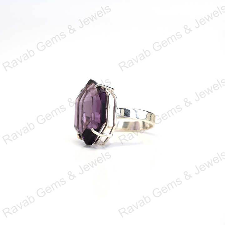 Superb Quality Solid 925 Sterling Silver 10x14mm Amethyst Quartz Hydro Hexagon Cut Gemstone Ring for Women Handmade Jewelry