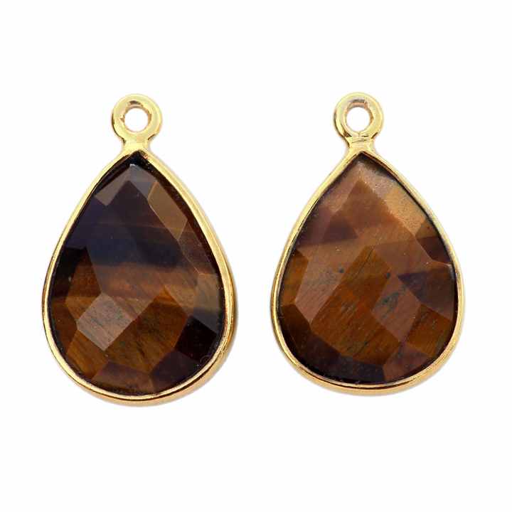 Briolette Natural Yellow Tiger Eye 12x16mm Gemstone Bezel 925 Sterling Silver Charms Pear Shape Pendant for Necklace & Bracelet