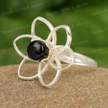 Handmade 925 Sterling Silver Women's Wedding Ring 8mm Natural Black Onyx Cabochon Solid Flower Design Superb Quality for Parties