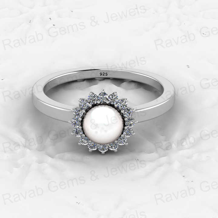 Genuine 925 Sterling Silver 6mm Genuine Fresh Water of Pearl With CZ Vermeil Floral Halo Eternity Band Wedding Ring for Women